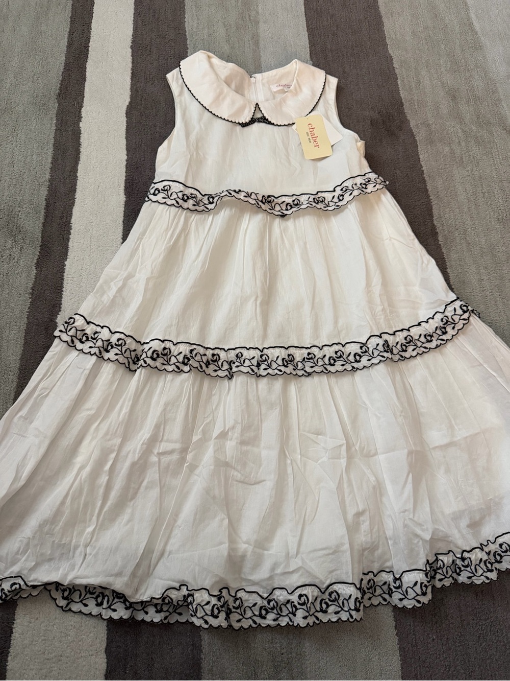 Girls' White Tiered Dress with Black Trim by